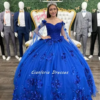 Kráľovská Modrá Ramena Crystal Quinceanera Šaty plesové Šaty, 3D Kvety Appliques Korzet Sladké 15 Vestidos De Quinceañera