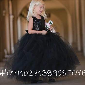 Kvetina Dievča Šaty pre Svadobné Black Sequin Sukne Deti Narodeniny Deti, Dievčatá Party Šaty Dievčatá Šaty na Prvé Sväté Prijímanie