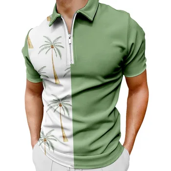 Letné Mužov Zips Polo Tričko Krátky Rukáv Muž Top Zelená Biela Spojov Coconut Tree Vytlačené Športové Slim Voľný čas T-Shirt
