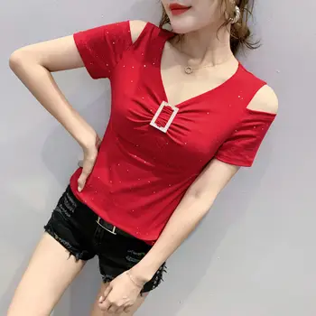 Letné Nové Oblečenie pre Ženy 2023 Sexy Duté Z Ramenný Drop tvaru Krátky Rukáv Šumivé Red Diamond Žien Tees Top