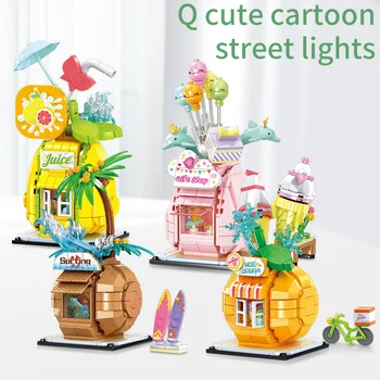 Mini Ovocie Street View Creative Building Block Surfovať Kokos/Peach Dom Ice Cream s darčekmi a Suvenírmi Model Tehla Hračky pre Dievčatá Vianoce