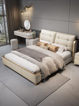 Moderné, jednoduché a ľahké luxusné malý dom high-end atmosférických kovové dizajnér talianskej kože svadobné čisté červené posteľ pre dvoch