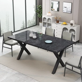 Moderný Štvorcový Jedálenský Stôl s Vytlačené Čierny Mramorový Stôl+Čierne X-Tvar Stola Nohu