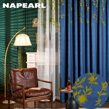 NAPEARL Luxusné Vyšívané Záves na Okno Obrazovka Polyester Textílie Modrá Opony bytový Textil Okna na Obrazovke Pre Obývacia Izba