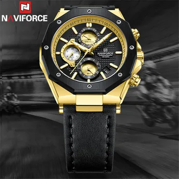 NAVIFORCE Muži Hodinky Šport Muž Náramkové hodinky Top Značky Luxusné Zlaté Vojenské Chronograf pravej Kože Quartz Muž Hodiny Darček 8028