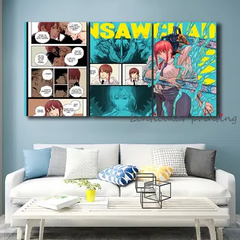 Nie Zarámované Anime Pílou Muž Plagát Moc Denji Makima Plátno Plagáty 3ks Umenie Maľby pre Domova Samolepky na Stenu Dary