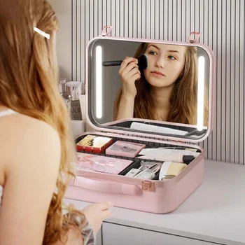 Nové make-up Taška S Svetlo make-up make-up Umelec Prípade Zrkadlo Prenosné LED Svetlo Skladovanie Veľkú Kapacitu, Kufor