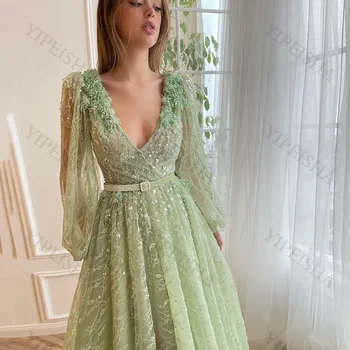 Nádherné A-Line Prom Šaty Lístkového Celý Rukáv 3D Kvety Backless Čipky Večerné Šaty Sexy Sage Green Dlho Party Šaty فساتين منا