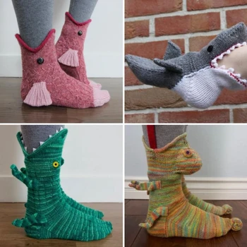 Occident Módne Unisex ponožky Novinka Pletenie Cartoon Krokodýl, Žralok Chameleon Ryby Muži Ženy Vianočné Zime Teplé Podlahy Ponožka