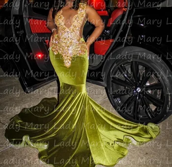 Olivovo Zelené Luxusné Šaty Ples 2023 Gold Crystal Korálky Morská Víla Formálne Velvet Večer Party Šaty Štúdia Black Župan