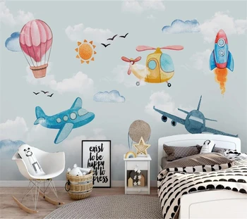 Prispôsobený 3d tapeta Nordic minimalistický ručne maľované cartoon teplovzdušný balón, lietadlo, detská izba, TV joj, steny papier