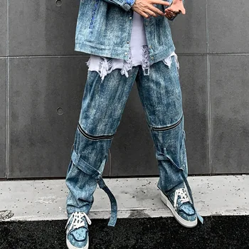 Pánske Hi Ulice, Hip Hop Rifle Nohavice voľný Strih Nadrozmerné Y2K Džínsové Nohavice Prané Modrá Streetwear Dna