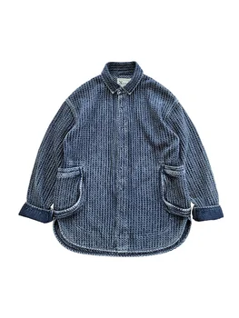 Pánske Sako Indigo Vrecká Loose Fit Japonský Štýl Bežné Vintage Oblečenie na Jar, Jeseň