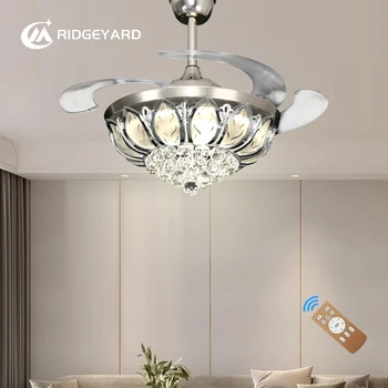 Ridgeyard Luster Lampa Stropný Ventilátor 4-Čepeľ Sklápateľné S Crystal LED Svetlo Diaľkové Farby Premenlivé Pre Obývacia Izba, Spálňa