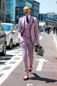 Ružová Muži Obleky Pre Svadobné Tri Kusy Prom Vyhovuje Slim Fit Groomsmen Tuxedos Celebrity Custume Vyhovuje Bunda+Vesta+Nohavice Na Mieru