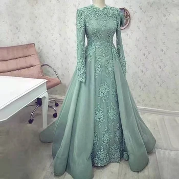 Saudská Arábia Tiffany Modrá Čipky Nášivka Prom Šaty V Krku Plné Rukávy Overskirt Večer Večerné Šaty A-line Tylu Vestido De