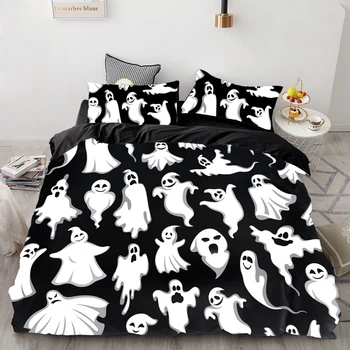 Sen NS Halloween Čierna Biela Ghost Cartoon posteľná bielizeň Domov Kráľovná Obliečky Obliečky Kryt obliečka na Vankúš Cumlík posteľná bielizeň Sady