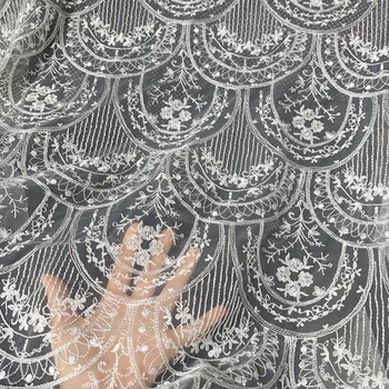 Slonová kosť-biele Svadobné Šaty Textílie, Čipky mäkké 6420Mesh Rayon Vyšívané Čipky Textílie DIY Materiál Šírka 140 cm 1yard