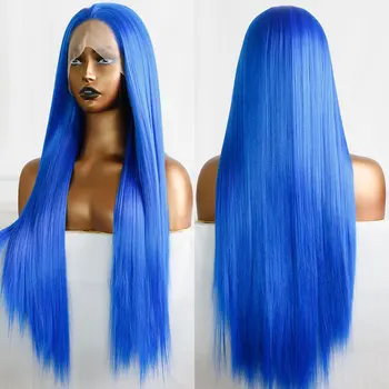 Syntetické Parochne Čipky Front Sky Blue Dlhé Hodvábne Rovné Tepelne Odolných Vlákien Vlasy Prírodné Vlasové Uprostred Lúčenie Pre Ženy Parochne