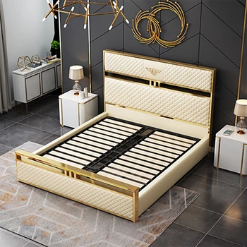 Taliansko svetlo luxusné luxusná kožená posteľ mäkké 1.8 m dvojité svadobné lôžko spálňa posteľ Americký kovový rám dizajn