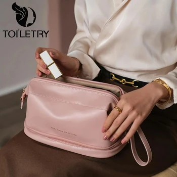 Toaletná Kozmetická Taška Mäkké Krémová Textúra Cestovné Dvojvrstvové Veľkú Kapacitu Make-Up Tašky Pre Ženy Toaletné Potreby Organizátor Hangbag