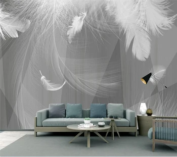 Vlastné tapetu moderná čierna a biela šedá nástenná maľba jednoduchý 3D geometrické biele pierko, obývacia izba, spálňa pozadí steny обои