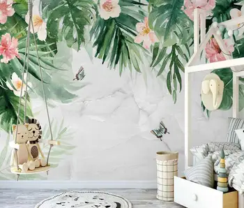 Vlastné tapetu ručne maľované tropické kvety a vtáky akvarel palmového lístia nástenné vnútorné pozadie nástennú maľbu 3d tapety