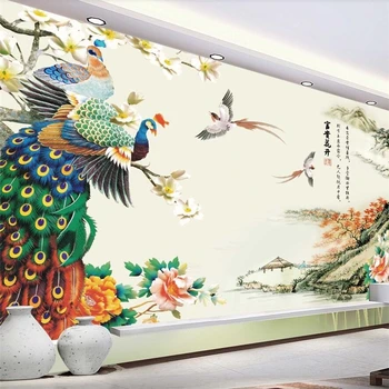wellyu sto vtákov Chaofeng Páva Atrament krajiny TV pozadie Vlastné Veľká nástenná maľba na Životné tapety nástenná maľba