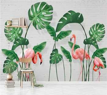 wellyu Vlastné nástenné maľby, Tapety Ručne maľované zelené listy tropickom dažďovom pralese flamingo foto 3D tapeta papier peint nástenné maľby
