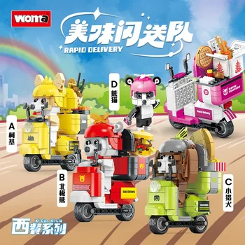 WOMA Stavebné Bloky Chutné Flash Tím Dodávky Čínske Jedlo Deliveryman Brickheadz Motocykel Model Častíc Zmontované Hračky