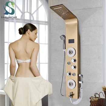 Zlaté LED Kúpeľňa so Sprchou Stĺpec Zobrazenie Teploty Multifunkčná Masážna Sprcha Systém S vysokotlakové Striekacie Pištole