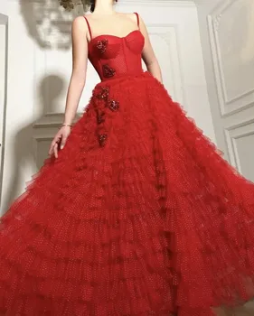 Červená Marocký Večerné Šaty Plesové Šaty, Špagety Popruhy Tylu Korálkové Dlhé Luxusné Turecko, Dubaj, Saudská Arábia Prom Šaty Šaty