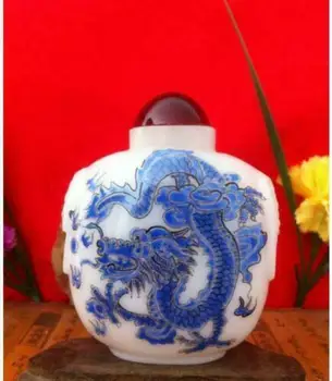 Čínske staré antické presklené blue dragon a phoenix šnupavý tabak fľašu