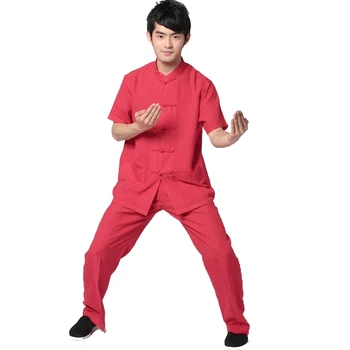 Čínske Tradičné mužské Bavlnená posteľná Bielizeň Kung Fu Vyhovovali Krátky Rukáv Wu Shu Sady Tričko&Nohavice Jednotné Červená vestido chino