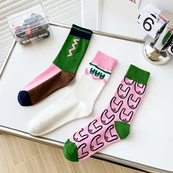 Ženy, Ponožky Ružová Zelená Farebná Kombinácia Cartoon Králik Priedušná Športové Bavlnené Ponožky Pre Dámy, Dievčatá, Kórea Calcetines