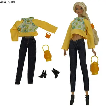 Žltá Módne Bábiky Oblečenie Set pre Bábiku Barbie Oblečenie 1/6 Bábiky, Príslušenstvo Pre bábiky Barbie Plodín Top Džínsy, Nohavice, Topánky, Taška na Hračky