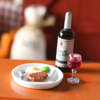 （1:12 1:6）Mini Červeného Vína, Steak Nastaviť domček pre bábiky Miniatúrne Príslušenstva kuchyne ozdoby živice plavidlá