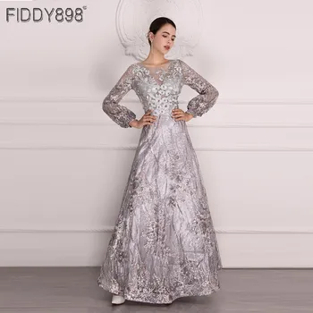 Svetlo Sivá Dlhé Rukávy Formálne Večerné Šaty 2020 Zimné Čipky Party Šaty S Kryštálmi Sexy Ilúzie Žena Vestidos ASA-0154